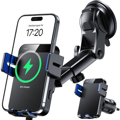 MOKPR Wireless Car Charger, 15W Auto Clamping Car Charger Dash Windshield Air Vent Phone Holder Compatible with iPhone 16 15 14/13/13 Pro/12 pro/12/11/X/8, Samsung S24/S23/S22, Blue - color: Blue
