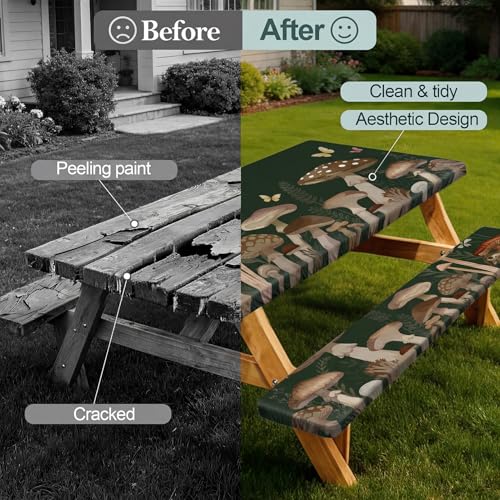 Picnic Table Cover with Bench Covers Camping Essentials Waterproof Windproof Camping Tablecloth with Drawstring Bag, Fitted Rectangle Tables and Seats, 72in, Dark Green Mushroom - color: Dark Green Mushroom, size: 72in