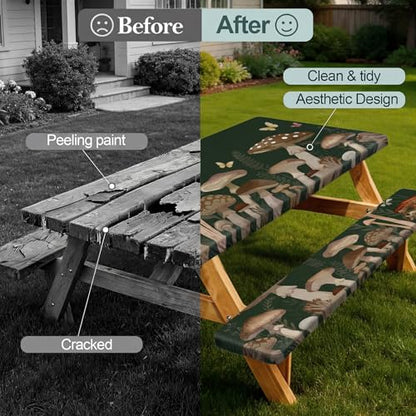 Picnic Table Cover with Bench Covers Camping Essentials Waterproof Windproof Camping Tablecloth with Drawstring Bag, Fitted Rectangle Tables and Seats, 72in, Dark Green Mushroom - color: Dark Green Mushroom, size: 72in
