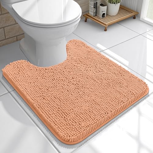 OLANLY Toilet Rugs U-Shaped 20x20, Extra Soft Absorbent Chenille Contour Bathroom Rugs for Toilet, Dry Quickly, Machine Washable, Non-Slip Bath Mat, Peach - color: Peach, size: 20" X 20" Contour Rug
