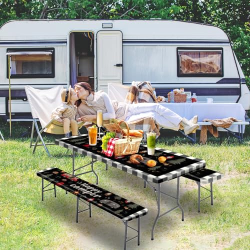 Picnic Table Cover with Bench Covers, Camping Essentials, Fitted Camping Tablecloth with Bag, Waterproof and oilproof with elastic Edge for Indoor Outdoor Patio, 72in (Happy Camper) - color: Happy Camper