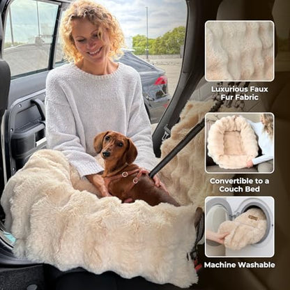 Pelsbarn Luxurious Cozy Car Bed - X-Small Luxury Travel Dog Bed with Safety Belt - Ultra Soft Faux Fur - Beige - color: Beige, size: X-Small