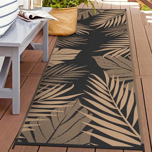 GENIMO Outdoor Rug 2.5' x 8' Waterproof for Patios Clearance, Reversible Outdoor Plastic Straw Camping Rug Carpet, Large Area Rugs Mats for RV, Camper, Deck, Balcony, Porch, Beach, Picnic, Black&Brown - color: Black & Brown, size: 2'6" x 8' (Rectangular)