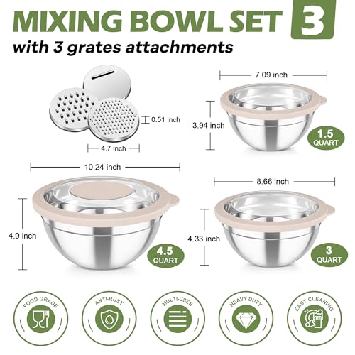 TeamFar Mixing Bowls, 3PCS Stainless Steel Serving Salad Bowls with Lids & 3 Graters, For Kitchen Mixing/Baking/Storing/Prepping, Visible & Airtight, Easy Clean - 4.5/3 / 1.5 QT, Khaki - color: Khaki, style: Transparent Airtight Lids