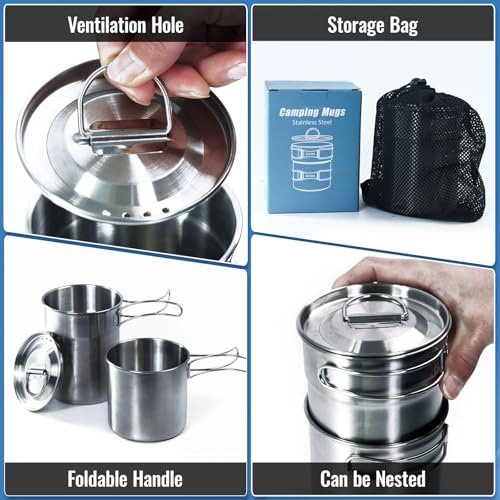 KOKKOYA Foldable Camping Cups Mugs Camping Pot Cookware 304-Food-Grade Outdoor Camp Cooking Set with Vented lid,Stainless Steel Backpacking Cookware for Hunting - color: silvery