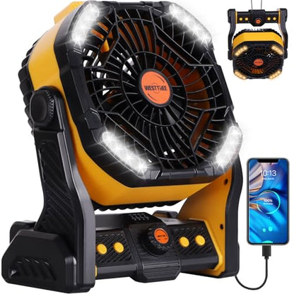 WESTTREE 20000mAh Camping Fan with LED Lantern USB Tpye C Rechargeable Battery Operated Outdoor Tent Fan with Light & Hook, 270° Pivot 4 Speeds, Personal USB Desk Fan for Camping Yellow X26A - color: X26A Yellow