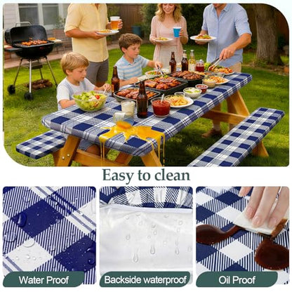 Play Tailor Picnic Table Cover with Bench Covers Camping Essentials Waterproof Windproof Camping Tablecloth with Drawstring Bag, Fitted Rectangle Tables and Seats, 96in, Blue Checkered - color: Blue Checkered, size: 96in