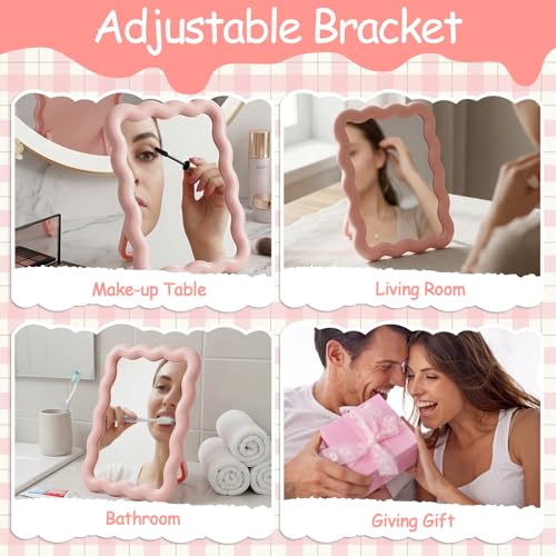 Pink Mirror, 6.9 * 5.3 Inch Small Mirror for Desk, Wave Shaped Personal Mirrors, Portable Folding Mirrors for Standing Hanging for Women, Offices and Bedrooms