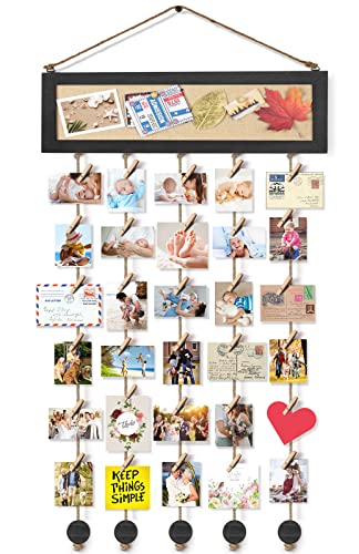 Bikoney Picture Frames Collage Wall Decor Hanging Photo Display Multi Pictures Organizer with Wood Bulletin Board Photo Board 30 Clips and 6 Pushpins for Home and Dorm Room Decor (Black) - color: Black&Display, size: 1-Pack