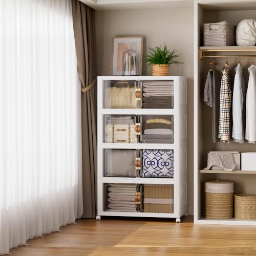 SAILUN 190QT/47Gal Stackable Storage Bins with a Lid, Collapsible Storage Bins With Doors, Folding Cabinet for Home Closet Organization,4 Pack-19.7" W x 12.6" D x 44.3" H White - color: White-50qt, size: 1 lid 4 Pack