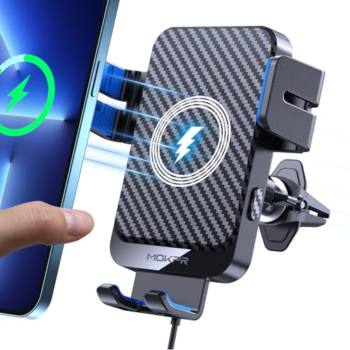 Wireless Car Charger, MOKPR 15W Fast Charging Auto-Clamping Phone Mount Air Vent Cell Phone Holder Compatible iPhone 15/14/13/13 Pro/12 pro/12/11/X/8, Compatible Galaxy S23/S22/S21/S20, etc Blue - color: Blue Arm