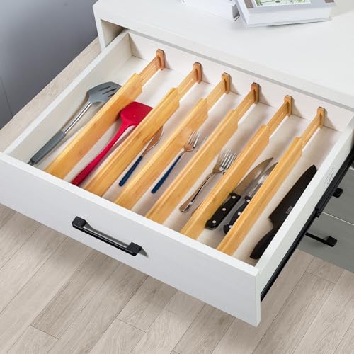 VaeFae 6-Pack Adjustable Bamboo Drawer Dividers, Expandable Drawer Organizer for Kitchen Utensils, Clothes, Bathroom, Office – Fits Drawer Interiors 16.6" to 21.8" - size: 2.4''H, 16.6''-21.8''L, 6 Pack