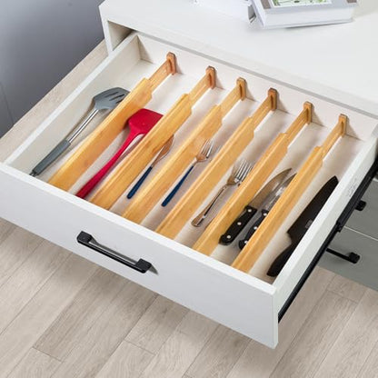 VaeFae 6-Pack Adjustable Bamboo Drawer Dividers, Expandable Drawer Organizer for Kitchen Utensils, Clothes, Bathroom, Office – Fits Drawer Interiors 16.6" to 21.8" - size: 2.4''H, 16.6''-21.8''L, 6 Pack