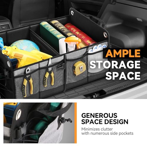 Auto Dynasty Collapsible Car Trunk Organizer, Grey Foldable Cargo Storage Container with Water Resistant Fabric for Car Accessories, SUV, Van, Tools, 2 Compartments