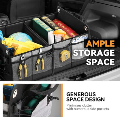 Auto Dynasty Collapsible Car Trunk Organizer, Grey Foldable Cargo Storage Container with Water Resistant Fabric for Car Accessories, SUV, Van, Tools, 2 Compartments