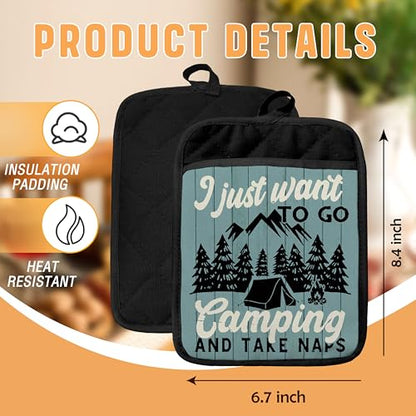 Retro Rustic Forest Camping Pot Holders with Pockets, I Just Want to Go Camping Oven Pot Holders Heat Resistant Oven Mitts Hot Pads for Kitchen Baking Cooking - color: Campfire-e