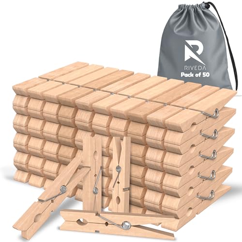 RIVEDA 50pcs Wooden Clothes Pins with Storage Bag, 2.9 Inch Natural Wood Clothespins, Strong Grip Laundry Clips for Clothesline, Hanging Clothes, Crafts & Home Use - color: Wood