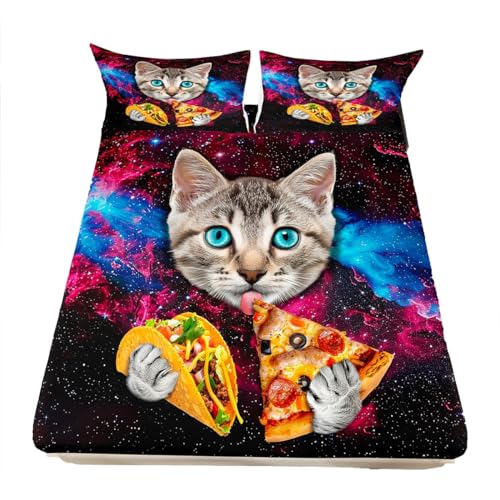 Galaxy Cat Bedding Twin XL Size for Kids Girls Boys Cute Colorful Animal Cat Print Bed Sheet Set Galaxy Funky Food Design Fitted Sheet Funny Home Universe Pizza Decor Bed Cover with Pillowcases,Soft - color: Multi 37, size: TwinXL(39"x80")