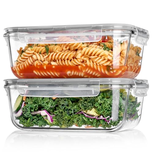 Vtopmart 2Pack 1860ml/63oz Large Glass Storage Containers with Lids, Meal Prep Food Container Set with Snap Airtight Lid for Baking, Microwave, Oven, Leak Proof, for Freezer, Dishwasher, Grey - color: Grey, size: 63oz