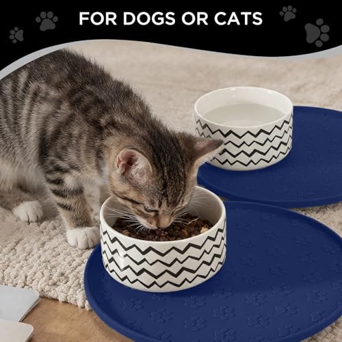Comtim Waterproof Dog Food Mat - 2 Pack Silicone Pet Food Mat Dog Food Bowl Mats Cat Water Mats Eating Tray, Non-Slip Pet Placemat with Lip for Messy Drinkers to Protect Floor,Navy Blue 11"×11" - color: Navy Blue
