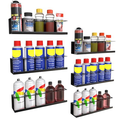 Riciakik 6 Pack Spray Bottle Holder Wall-Mounted, Aerosol Spray Can Holder Storage Rack, Heavy-Duty Paint Bottle Organizer with 30 Holes, Steel Black Spray Rack for Garage, Shop, Home or Tool Trailer - style: 6 Pack