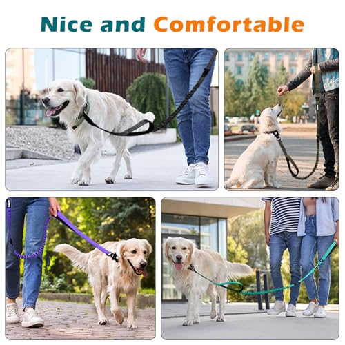 PetBonus Heavy Duty Tactical Dog Leash, 5 FT Bungee Shock Absorption Leash with 2 Padded Handles, Quick Release Metal Clip, Car Seatbelt, No Pull Training Lead for Large Medium Dogs（Light Blue） - color: Light Blue