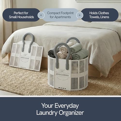 40L Collapsible Laundry Basket with Handles, Durable Space-Saving Storage Basket for Clothes, Utility, Groceries, Toys & Home Organization– White