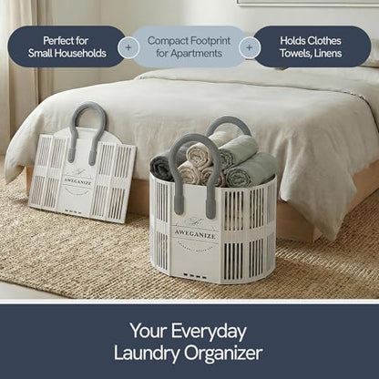 40L Collapsible Laundry Basket with Handles, Durable Space-Saving Storage Basket for Clothes, Utility, Groceries, Toys & Home Organization– White