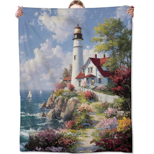 Coastal Lighthouse Blanket, Oil Painting Style Flower and Ocean Blankts, Gifts for Adults, Home Dorm Cabin Pet Area Picnic and Travel Decor, Soft Cozy Lightweight Flannel Throw, 40"x50" - color: Lighthouse, size: 40x50 inch