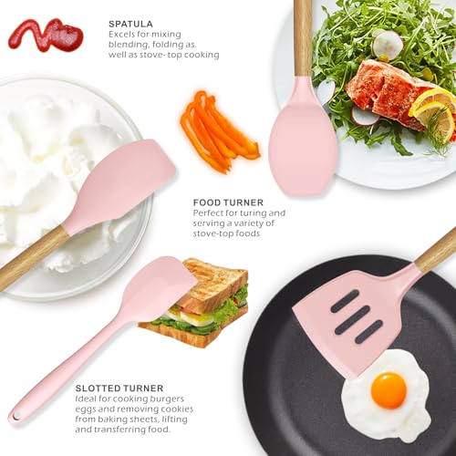 oannao Silicone Kitchen Utensils Set - 446°F Heat Resistant Cooking Utensil Sets, Spatula,Turner,Tongs,Spoon,Whisk, Wooden Handle Silicone Kitchen Gadgets Tools for Non-Stick Cookware BPA Free (Pink) - color: Pink