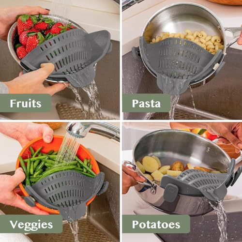 Kitchen Gizmo Snap N' Strain - Silicone Pasta Strainer Clip-On for Pots and Pans - Heat Resistant Colander for Vegetables and Noodles - Kitchen Gadgets for Cooking - Space-Saving Design - Gray - color: Gray