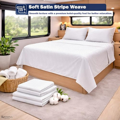 KRISHNA Full Size 4 Piece Egyptian Cotton Sheet Set, Luxury Hotel Quality White Stripe Bed Sheets, Soft Breathable Cooling Bedding, 6-10 Inch Deep Pocket Fitted Sheet - color: White Stripe, size: Full : 54" x 75"