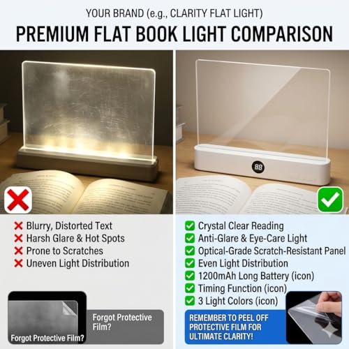 Smart Flat Book Light, Rechargeable Clear LED Reading Lamp with 3 Colors & Timer, 99% Light Transmittance Dimmable Full Page Panel Plate Lamp, Ultra-Clear Transparent Panel Night Reading Lights