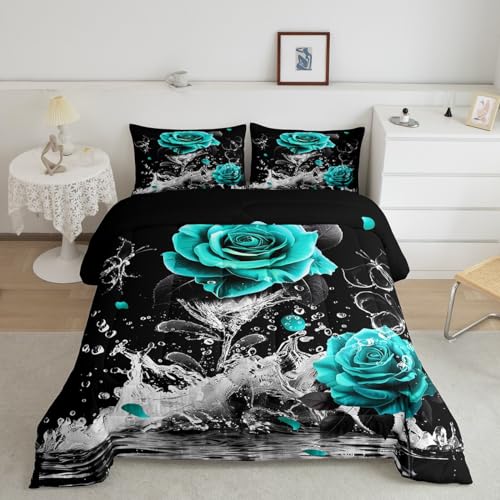 Feelyou Teal Rose Bedding Set Full Size Romantic Floral Blossom Comforter Set for Adult Black Teal Comforter Reflection on Water Quilt Set 3Pcs - color: Multi 23, size: Full
