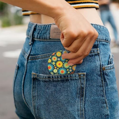 Abstract Hippie Flower Print Foldable Travel Pocket Mirror Round PU Leather Portable Mini Makeup Double Sided Handheld Magnifying,2.6 in - color: Abstract Hippie Flower