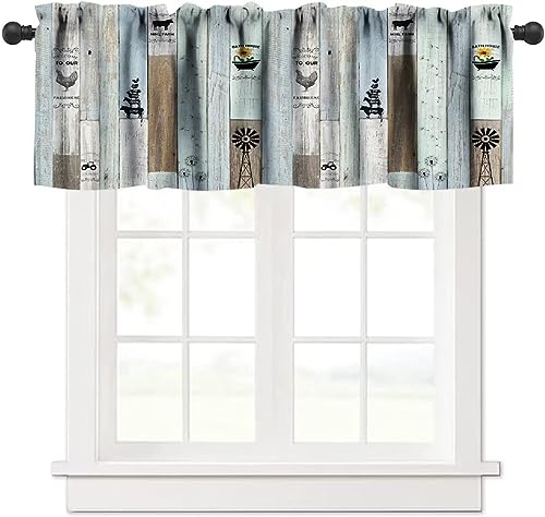 Rustic Farmhouse Valance, Vintage Country Colorful Blue Green Wooden Board with Cow Chicken Pig Windmill Dandelion Print Blackout Window Valance for Kitchen Living Room, 54x18in - color: Farmhouse Animal-10