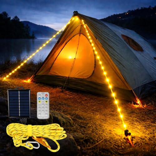 Solar Luminous Paracord Rope, 23ft Solar-Powered Yellow Glow Rope with Remote, 8 Lighting Modes + Timer, 500 mAh Battery, IP66 Waterproof for Outdoor Camping - color: Paracord, Yellow, size: Single