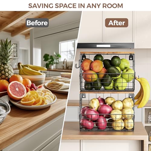 Delamu Stackable Metal Fruit Basket with Wood Lid 2 Pack, Hanging Wall Organizer for Kitchen Counter, Pantry Storage for Onions, Potatoes, Garlic, Fruits, Spices, Black - size: 2 Pack