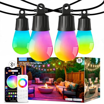 Outdoor String Lights APP Control with Remote, 118(98+12) ft RGB+IC+Warm White Outdoor Light 36 LED Bulbs, NOT Extendable, Music Sync for Garden Party Decor Christmas - size: 118FT S14 RGB Smart IC