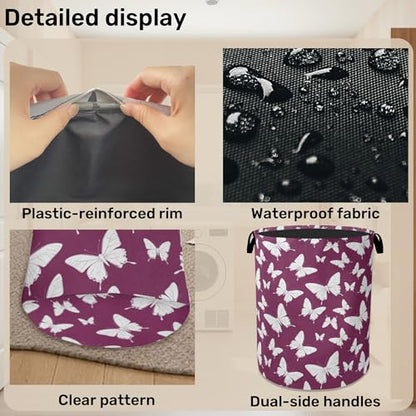 Purple Butterfly Silhouette Laundry Basket with Handles - Extra Large Foldable Hamper for Bathroom/Laundry/Bedroom/Dorm, Washable Fabric Storage Bin - color: Purple Butterfly Silhouette