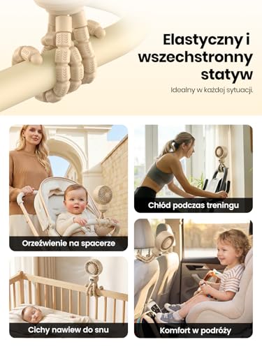 Warmco Portable Stroller Fan, 4000mAh Rechargeable Clip On Fan with Flexible Tripod (Up to 15H), 4 Speeds, LED Display, Detachable Grille, Quiet Operation, for Car Seat, Crib & Treadmill - color: Beige