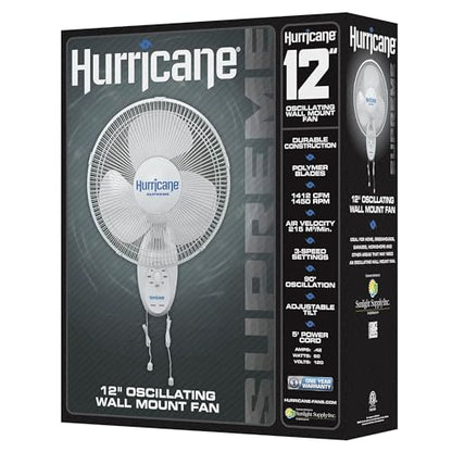 Hurricane Supreme 12” Portable Oscillating Wall Mount Fan, Space Saving, Powerful, and Quiet 3 Speed Airflow, Adjustable Tilt for Home and Workshop - style: 12" Supreme