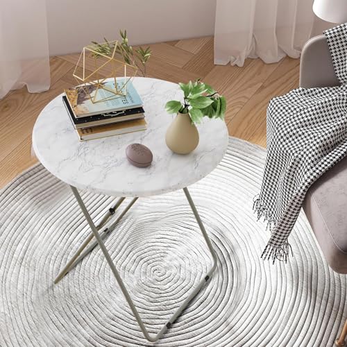 TV Trays Table Set of 4 Round Portable Folding TV Tray Table TV Dinner Tray with Sturdy MDF, No Assembly Required, 17.5 x 17.5 x 26 in (White Marble, 4Pcs) - color: White Marble, size: 4pcs