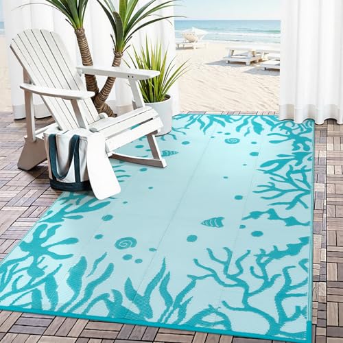 Uphome Coastal Outdoor Rug Waterproof 6x9, Reversible Ocean Beach Theme Patio Plastic Straw Rugs, RV Camping Outside Carpet Mat for Pool Back Yard Deck Picnic, 6 x 9 ft - color: Coral Blue, size: 6' x 9' (Rectangular)