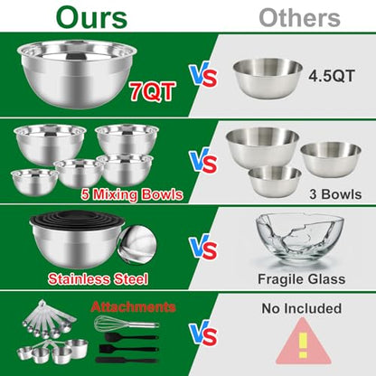 WEPSEN Mixing Bowls Set, 25PCS Stainless Steel Mixing Bowl with Lid Set, Large Nesting Bowls 7, 4.5, 3,2, 1.5QT, Measuring Cups and Spoons Baking Utensils Metal Bowl for Kitchen Prep - color: Black Bowls Set