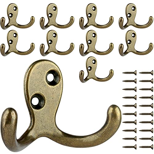 IBosins 10 Pack Heavy Duty Double Prong Coat Hooks Wall Mounted with 20 Screws Retro Double Hooks Utility Hooks for Coat, Scarf, Bag, Towel, Key, Cap, Cup, Hat - color: 10 Pcs Antique Brass