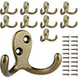 IBosins 10 Pack Heavy Duty Double Prong Coat Hooks Wall Mounted with 20 Screws Retro Double Hooks Utility Hooks for Coat, Scarf, Bag, Towel, Key, Cap, Cup, Hat - color: 10 Pcs Antique Brass