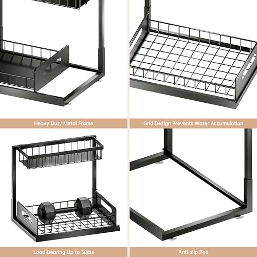 Under Sink Organizer and Storage 2 Pack, Slide Out Cabinet Organizer, Pull Out Sink Shelf for Kitchen Bathroom Laundry, Black