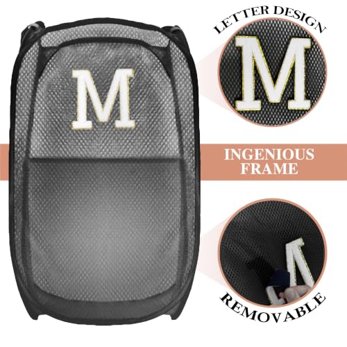 Collapsible Pop Up Laundry Hamper, Extra Large with Removable Initial Letter M, Mesh Foldable Laundry Basket, 28" x 16" x 16" (Black) - color: 1P BlackM