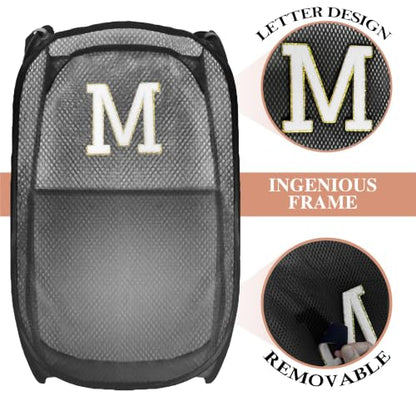 Collapsible Pop Up Laundry Hamper, Extra Large with Removable Initial Letter M, Mesh Foldable Laundry Basket, 28" x 16" x 16" (Black) - color: 1P BlackM
